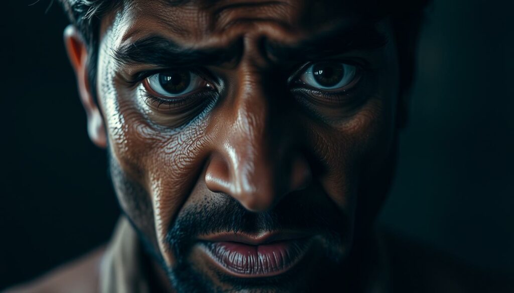 A close-up portrait of Jay Khan, his face etched with a profound expression of shock, pain, and raw vulnerability. His eyes are wide, brimming with unshed tears, conveying the immense emotional turmoil he is experiencing. The lighting is dramatic, casting deep shadows that accentuate the intensity of his features. The lens is tightly focused, isolating his face against a blurred, indistinct background, heightening the visceral, intimate nature of the moment. The overall atmosphere is somber, melancholic, and introspective, capturing the weight of the trauma and the profound impact it has had on him.