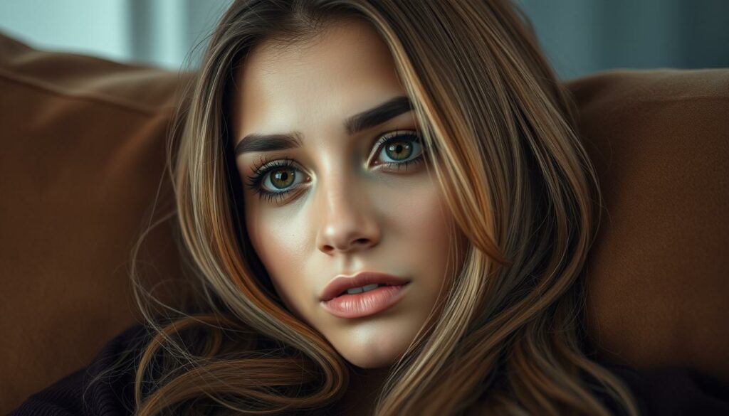 A close-up portrait of Jaz Elle Agassi, her warm brown eyes gazing introspectively. She's lounging on a plush, earth-toned sofa, a soft, intimate lighting enveloping her. Her delicate features are accentuated by a natural makeup look, and her long, honey-hued hair cascades over her shoulders. The background is hazy, blurred, creating a sense of privacy and seclusion, drawing the viewer's focus to the subject's pensive expression. An aura of tranquility and contemplation pervades the scene, capturing the essence of Jaz's private life and personal moments.