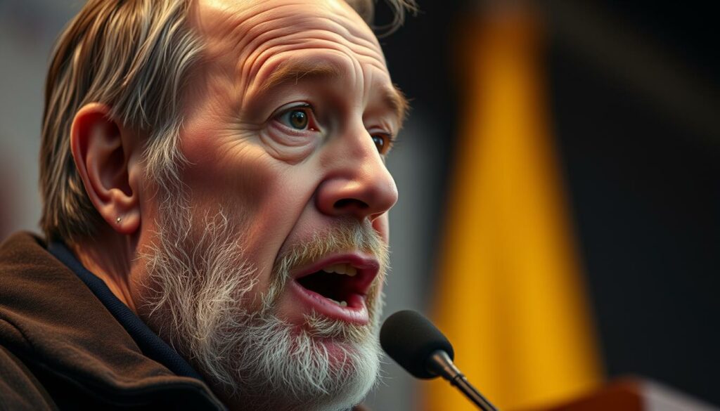 A close-up portrait of Jürgen Schneider, a homeless advocate, standing at a podium and delivering a passionate speech. Jürgen's weathered face is illuminated by a warm, focused light, conveying his determination and unwavering commitment to his cause. The background is softly blurred, placing the emphasis on Jürgen's expressive features and the intensity of his gaze as he addresses his audience. The scene exudes a sense of sincerity and authenticity, reflecting Jürgen's role as the "Voice of the Poor" and his tireless efforts to bring attention to the plight of the homeless.