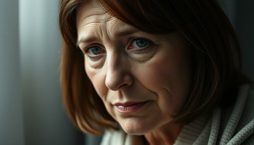 A close-up portrait of Kathrin Mermi-Schmelz, a middle-aged woman with a thoughtful, emotional expression. She has shoulder-length brown hair, soft facial features, and a delicate, pensive gaze. The lighting is soft and flattering, illuminating her face from the side, creating subtle shadows and highlights that convey a sense of introspection and vulnerability. The background is blurred, placing the focus entirely on her face and upper body, conveying a sense of intimacy and personal connection. The overall mood is somber, yet compassionate, reflecting the emotional nature of the subject matter.