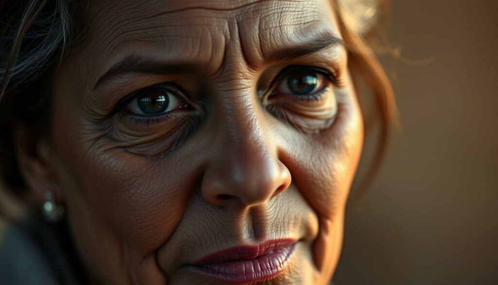 A close-up portrait of Kim Virginia, her face etched with a pensive, resolute expression. The lighting is soft and warm, casting gentle shadows that accentuate her features. Her gaze is direct, yet introspective, conveying a sense of inner strength and determination. The background is blurred, with a subtle gradient of muted, earthy tones that help to focus the viewer's attention on her face. The overall mood is one of quiet contemplation, reflecting the gravity of her statement on health and adversity.