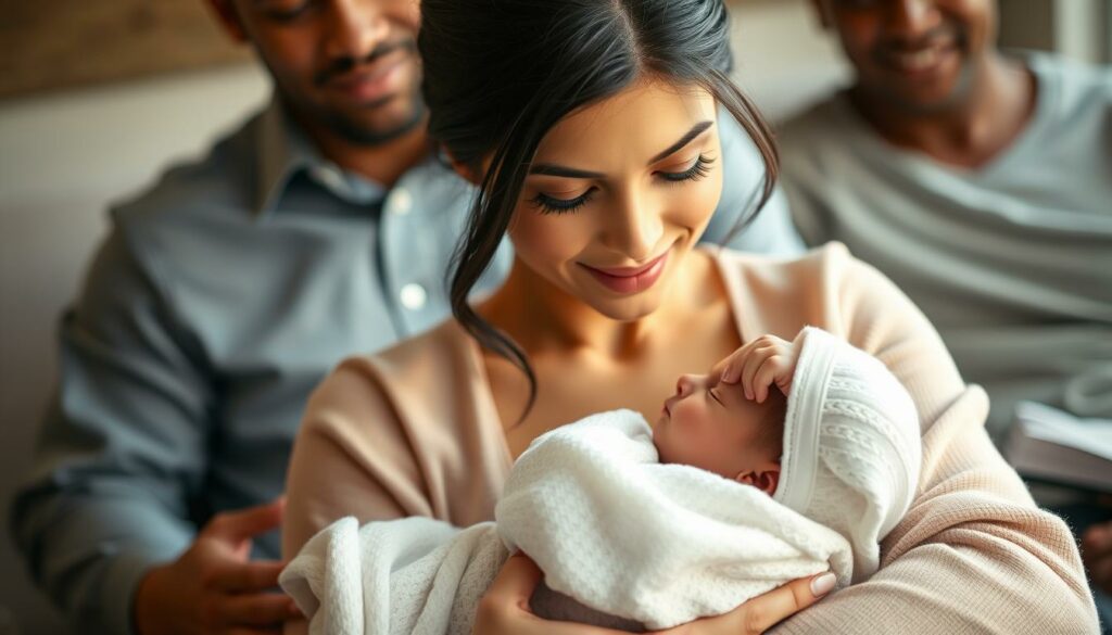A close-up portrait of Kylie Jenner with her newborn daughter, surrounded by her family in a warm, intimate setting. Kylie is gazing lovingly at her child, cradling them in her arms with a radiant expression. The soft, natural lighting illuminates their features, creating a serene and tender atmosphere. The background is blurred, keeping the focus on the mother-daughter connection. The composition emphasizes the intimacy and joy of Kylie's newfound motherhood, capturing a heartwarming moment in her life.