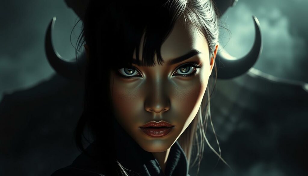A close-up portrait of Makima, the enigmatic and alluring protagonist, set against a striking contrast of Chinpo, the demonic entity. Makima's visage is rendered with a hyper-realistic and painterly style, her eyes piercing and captivating, while Chinpo's sinister presence looms in the background, shrouded in an ominous, atmospheric haze. Dramatic lighting casts dramatic shadows, accentuating the chiaroscuro effect and the tension between the two figures. The composition is balanced and intentional, drawing the viewer's gaze to the focal point of Makima's face. The overall mood is one of eerie, unsettling beauty, capturing the essence of the article's "Artistic and Thematic Portrayal" section.