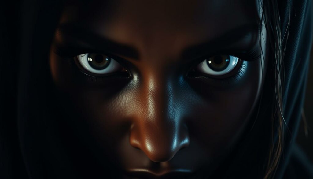 A close-up portrait of Makima's intense, hypnotic gaze, her piercing eyes radiating an otherworldly power. The iris and pupil are enlarged, drawing the viewer in, as if casting a spell. Makima's face is shrouded in dramatic lighting, creating deep shadows that accentuate the mesmerizing quality of her eyes. The background is blurred, keeping the focus solely on her captivating expression. The overall mood is one of subtle, unsettling control, hinting at the true nature of Makima's mind-bending abilities. Cinematic camera angle, hyper-realistic rendering in the style of Chainsaw Man.