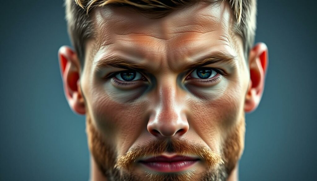 A close-up portrait of Manuel Neuer, the renowned German soccer goalkeeper, showcasing his personal transformation. His piercing gaze is framed by a neatly trimmed beard, a stylish haircut, and an expression of quiet contemplation. Subtle lines around his eyes and a mature, confident demeanor suggest the weight of his experiences and the growth he has undergone. The lighting is soft and directional, casting gentle shadows that accentuate the contours of his face. The background is blurred, keeping the focus solely on Neuer's captivating persona, conveying a sense of introspection and personal evolution.