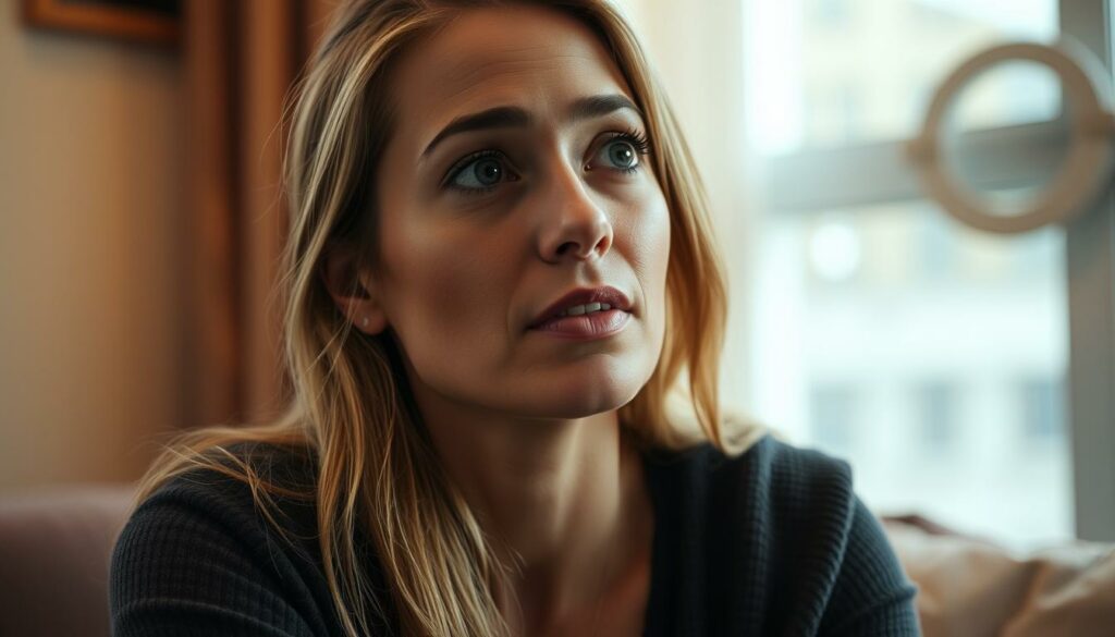 A close-up portrait of Pamela Reif, a popular German fitness influencer, sitting in a cozy interview setting. The lighting is soft and warm, casting a gentle glow on her face as she gazes thoughtfully off-camera. Her expression conveys a sense of concern and care, hinting at the emotional topic of her brother that she is discussing. The background is blurred, creating a focus on her face and upper body. The overall mood is introspective and intimate, reflecting the sensitive nature of the interview subject.
