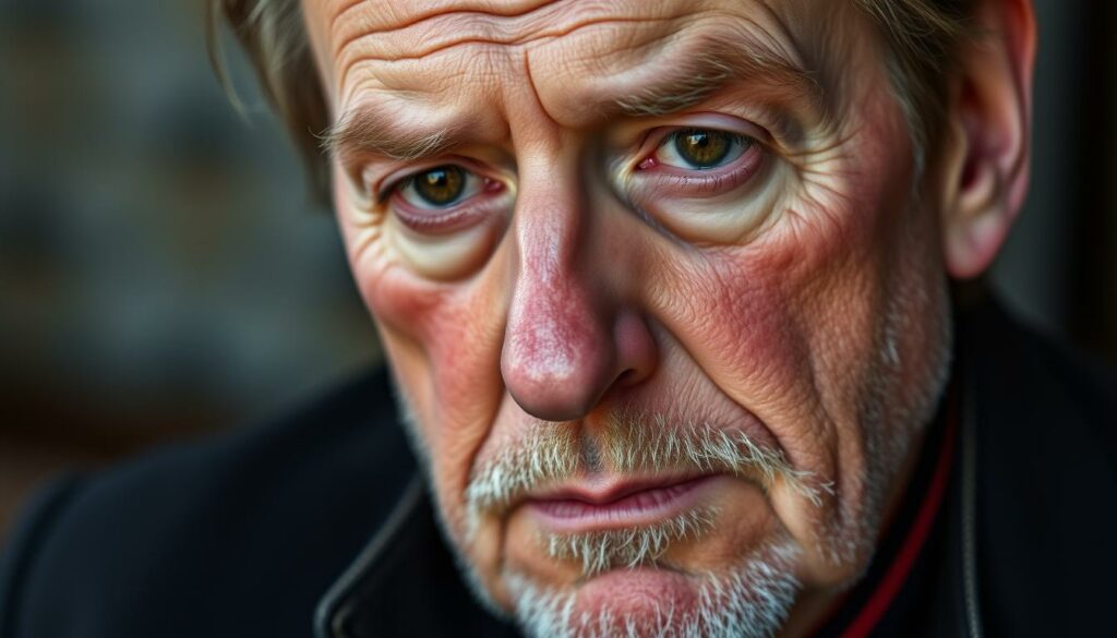 A close-up portrait of Prince Ernst August of Hanover, captured in a contemplative moment. His weathered face exudes a pensive, world-weary expression, hinting at the challenges he has faced. Soft, diffused lighting casts gentle shadows, emphasizing the contours of his features and the slight furrow of his brow. The background is subtly blurred, drawing the viewer's attention to the subject's introspective gaze. The composition is carefully balanced, with the prince's imposing presence commanding the frame. This image aims to convey the complexities and burdens of his life, as alluded to in the article's section title.
