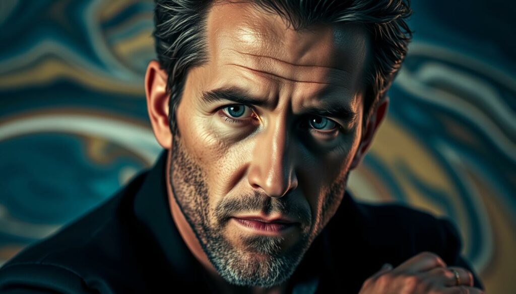 A close-up portrait of Ryan Reynolds in a pensive, contemplative pose, against a blurred background of swirling colors and abstract patterns. The lighting is dramatic, casting deep shadows across his face, adding a sense of intrigue and mystery. His expression conveys a mix of confidence and unease, hinting at the controversies and scandals that have surrounded his personal and professional life. The composition is carefully balanced, drawing the viewer's eye to Reynolds' piercing gaze and the subtle details of his features. The overall mood is one of tension and complexity, reflecting the complexities of the public figure's life.