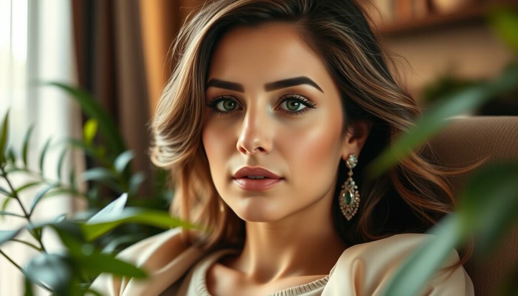 A close-up portrait of Sabia Boulahrouz, her serene expression captured in soft, warm lighting. Delicate makeup and a flowing, stylish hairstyle frame her features. She is seated in a cozy, domestic setting, surrounded by lush, verdant plants and natural textures, conveying a sense of privacy and tranquility. The depth of field is shallow, drawing the viewer's focus to Sabia's face and creating a dreamy, intimate atmosphere. Subtle, elegant jewelry and a flowing, neutral-toned outfit complete the refined, sophisticated aesthetic. The overall mood is one of relaxation, contemplation, and a glimpse into the private life of this public figure.