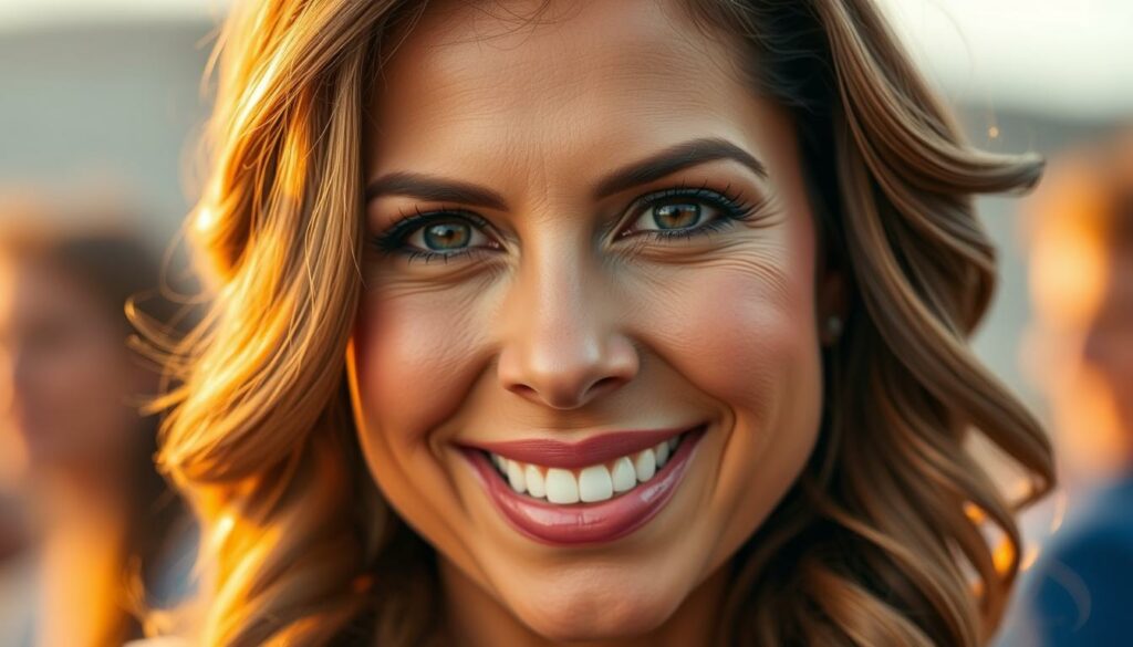 A close-up portrait of Sofia Vergara, the acclaimed Colombian-American actress known for her role as the vibrant, modern matriarch Gloria in the hit TV series "Modern Family". Bathed in warm, golden-hour lighting, her flawless features and radiant smile convey a sense of Hollywood glamour and success. The frame is tightly composed, drawing the viewer's attention to her expressive eyes and signature curls framing her face. The background is softly blurred, placing the emphasis squarely on Vergara's captivating screen presence, embodying the journey of "The Leap to Hollywood" that defined her remarkable career.