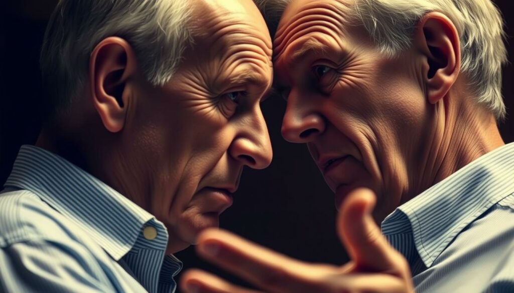 A close-up portrait of Sven Ottke and Ulli Wegner, their heads turned towards each other, deep in conversation. Ottke's brow is furrowed, his eyes intense, as Wegner gestures emphatically, their bond palpable. The lighting is soft and warm, casting gentle shadows that accentuate their features. The background is blurred, keeping the focus on the two men and their relationship. The mood is contemplative, almost solemn, reflecting the gravity of their shared history and the challenges they have faced together.