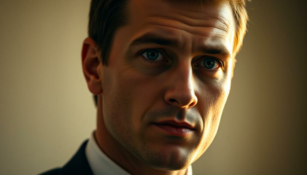 A close-up portrait of Tom Hauser, a young and ambitious sports management professional, captured in a thoughtful, pensive expression. The lighting is soft and warm, gently highlighting his features and creating a sense of introspection. The background is blurred, placing the focus entirely on Tom's face and upper body. The composition is framed tightly, conveying a sense of intimacy and personal connection. Tom's attire, a tailored suit, suggests his dedication to his career and the sophistication of the sports management industry. The overall mood is one of quiet contemplation, hinting at the depth of his character and the plans he had for his future.