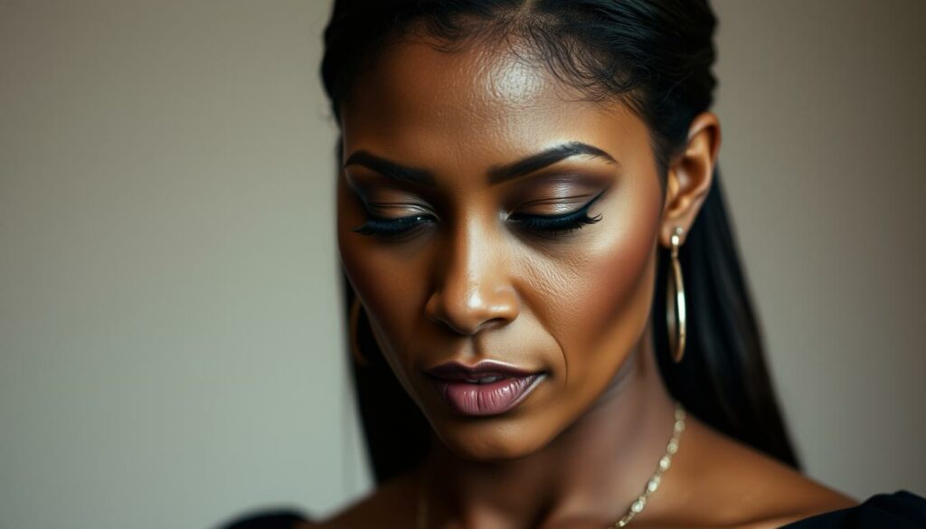 A close-up portrait of Vanessa Bryant, dressed in a somber black dress, her face etched with profound grief. Soft, diffused lighting casts gentle shadows, conveying the weight of her emotional state. Vanessa's eyes are downcast, her expression reflecting the immense sorrow and loss she has endured. The background is blurred, creating a sense of isolation and introspection. This emotive and melancholic image captures the heart-wrenching aftermath of the tragic deaths of her husband Kobe and daughter Gianna.