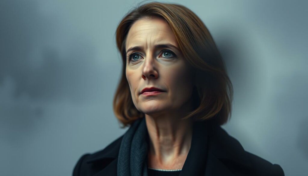 A close-up portrait of Vivian Spohr, the wife of Lufthansa CEO Carsten Spohr, standing solemnly against a muted, atmospheric backdrop. Vivian's expression is one of quiet contemplation, her features delicately rendered with a soft, painterly quality. Beside her, Gaia C., the young victim of the tragic accident, appears as a spectral presence, slightly out of focus, conveying a sense of loss and the weight of this somber moment. The lighting is subtle, casting gentle shadows that add depth and dimension to the scene. The overall mood is somber, reflective, and evocative of the gravity of the situation.