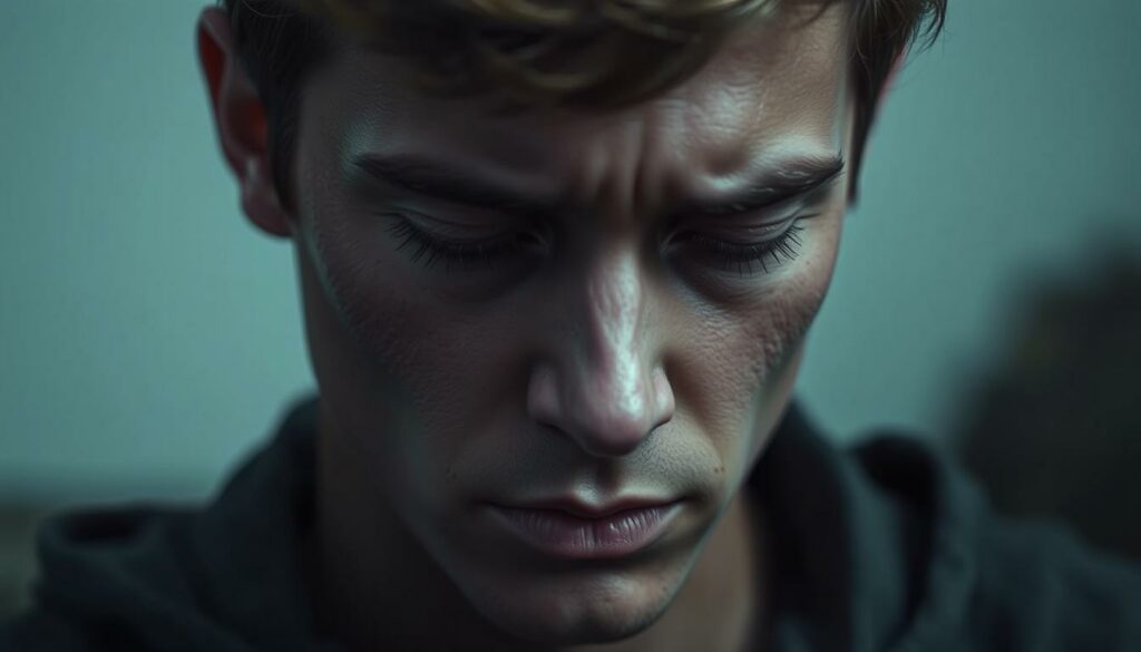 A close-up portrait of a grieving young man, Tom, with a somber, pensive expression. His face is slightly turned down, eyes downcast, brow furrowed, conveying a profound sense of sorrow and loss. The lighting is soft and muted, casting gentle shadows that accentuate the contours of his face, creating a contemplative, introspective mood. The background is blurred, keeping the focus entirely on Tom's emotive features, which are rendered with a high level of detail and realism, capturing the raw, vulnerable state of his grief.