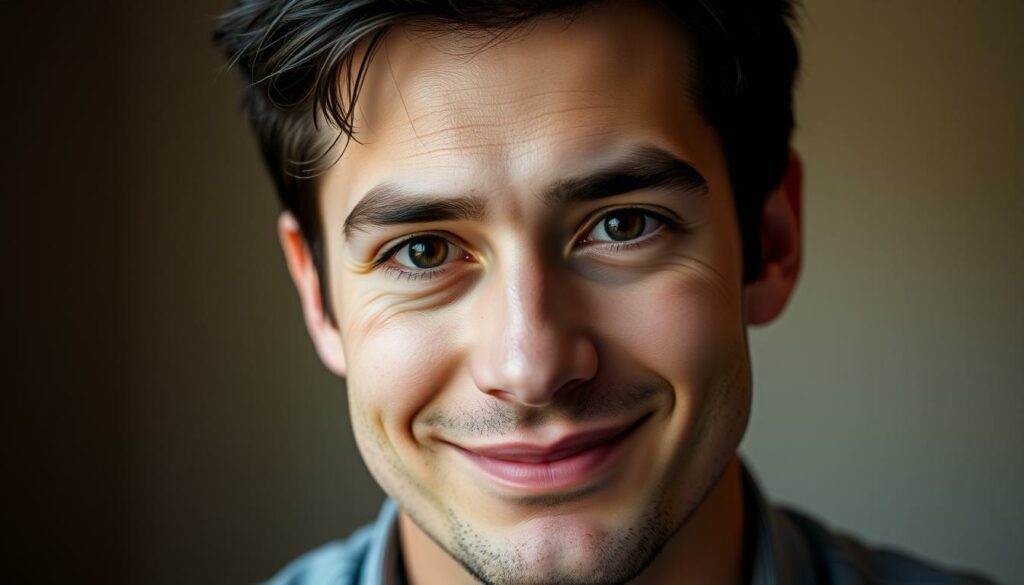 A close-up portrait of a man with a warm, friendly expression, his brown eyes and neatly styled dark hair framed by a soft, blurred background. The lighting is natural and flattering, casting subtle shadows that accentuate his features. The overall tone is inviting and approachable, capturing the essence of this individual who is the focus of the section "Wer ist Bachelor Martin?". The background is a muted, slightly out-of-focus scene, allowing the viewer's attention to remain on the subject's face and upper body.