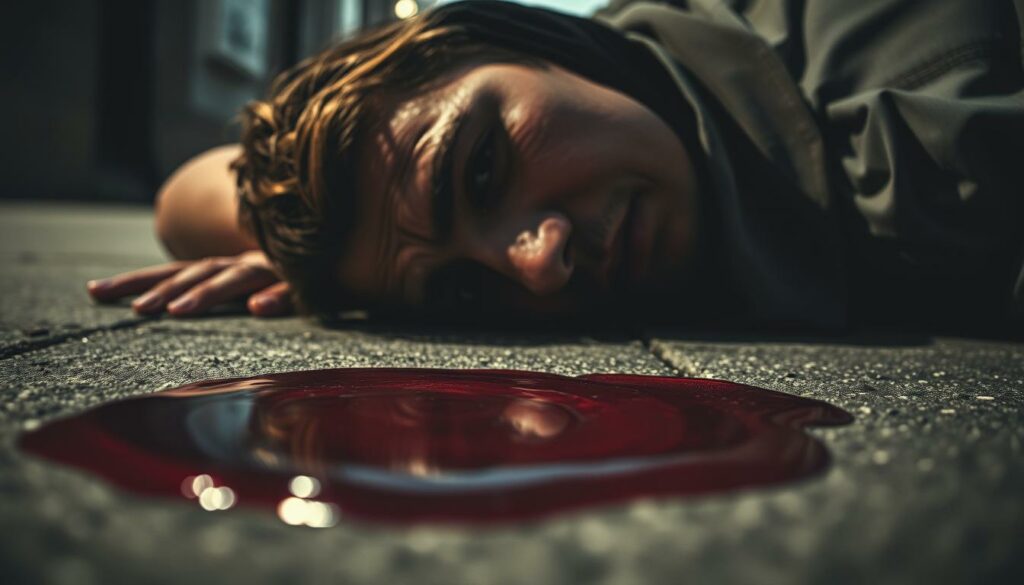 A close-up portrait of a person lying on the ground, their face obscured by shadows, with a look of anguish and pain etched on their features. In the foreground, a pool of blood slowly spreads across the pavement, contrasting with the dull gray tones of the urban setting. The lighting is harsh, casting dramatic shadows that emphasize the somber and unsettling atmosphere. The scene is captured from a low angle, conveying a sense of vulnerability and the gravity of the situation. The background is blurred, drawing the viewer's focus to the central figure, the tragic victim of a violent attack.