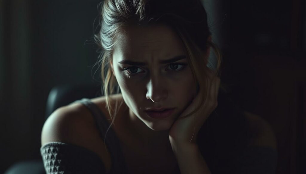 A close-up portrait of a young woman, Tanja Makarić, with a pained, vulnerable expression on her face. She is sitting alone in a dimly lit room, her body language conveying a sense of distress and unease. The lighting is soft and moody, casting dramatic shadows across her features. The background is blurred, hinting at the emotional turmoil and isolation she is experiencing. The image evokes a sense of the emotional weight of Tanja's statement, capturing the gravity and personal nature of her experience with a stalker.