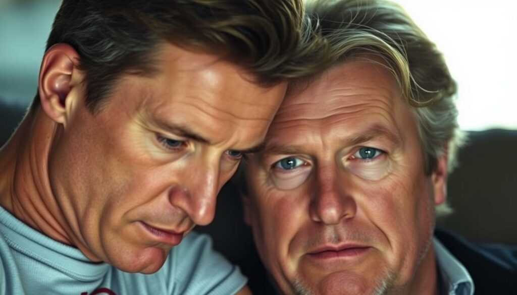 A close-up portrait of brothers Michael Schumacher and Ralf Schumacher, sitting side by side, their faces lit by soft, natural lighting. Michael, the elder, wears a pensive expression, his eyes downcast, while Ralf, the younger, gazes directly at the viewer with a thoughtful, empathetic look. The brothers' features are detailed and lifelike, their facial structures and expressions conveying a sense of deep connection and understanding. The background is blurred, placing the focus entirely on the two men and the complex emotional dynamic between them. The overall mood is contemplative, inviting the viewer to ponder the nature of their relationship and the weight of Michael's recent struggles.