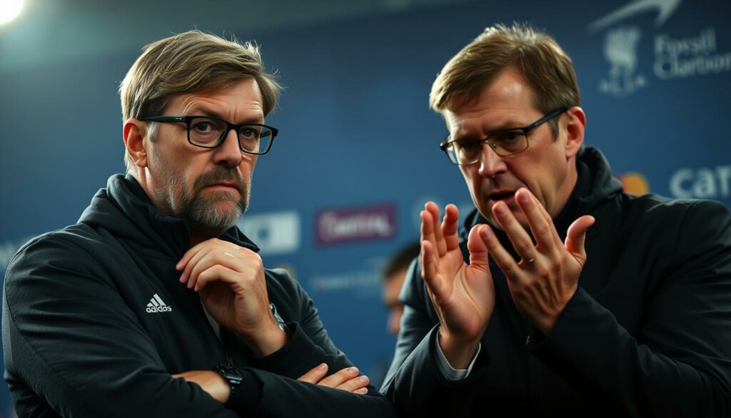 A close-up scene of two soccer coaches, Jürgen Klopp and Arne Slot, reacting animatedly to a major player transfer. Klopp, with a pensive expression, stands in the foreground, hands clasped, as Slot gesticulates vehemently in the middle ground. The background is blurred, with a sense of a press conference or interview setting. Dramatic lighting casts sharp shadows, conveying the intensity of the moment. The coaches' body language and facial expressions suggest a mix of surprise, concern, and intense discussion around the high-profile player movement. The overall mood is one of heightened emotion and professional scrutiny surrounding the impactful transfer.