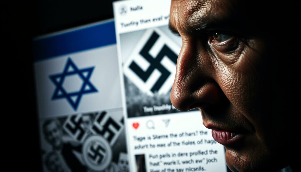 A close-up shot of a controversial social media post, with stark contrasts and a somber mood. In the foreground, a collage of images - the Israeli flag, historical Nazi imagery, and a pensive expression. The middle ground features a blurred background, hinting at the heated online debate. The lighting is dramatic, casting shadows that suggest the gravity of the subject matter. The overall composition evokes a sense of unease and the need for nuanced understanding, rather than simplistic comparisons.