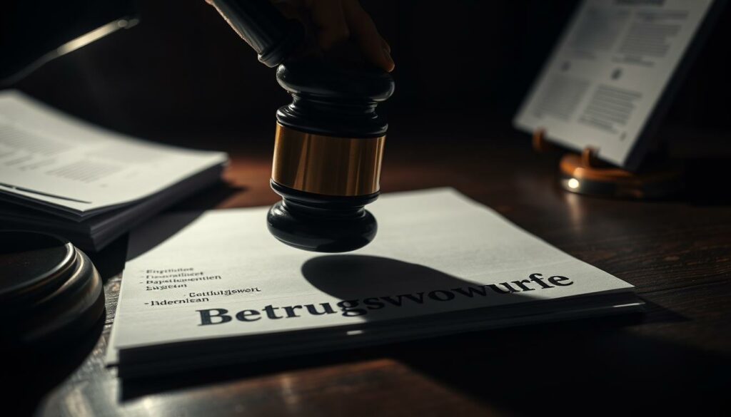 A close-up shot of a gavel slamming down on a wooden desk, casting dramatic shadows across a stack of legal documents labeled "Betrugsvorwürfe". The scene is dimly lit, creating an ominous and serious atmosphere. The camera angle is slightly low, emphasizing the gravity and weight of the situation. The background is blurred, keeping the focus on the central action, conveying a sense of judicial proceedings and legal consequences. The lighting is chiaroscuro, with sharp contrasts between light and shadow, heightening the tension and drama of the moment.