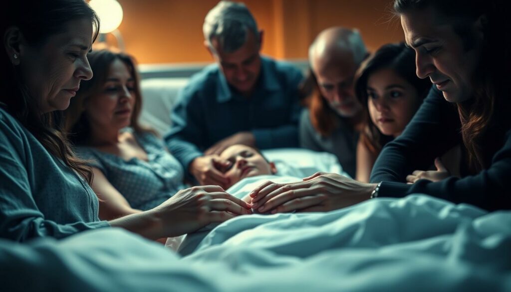 A close-up shot of a grieving family gathered around a hospital bed, their faces etched with sorrow. The dim, warm lighting casts a somber glow, creating an atmosphere of reverence and quiet contemplation. In the foreground, a mother and father hold their child's hand, their expressions conveying a lifetime of love and the weight of this final farewell. The middle ground features other family members - siblings, grandparents - their bodies leaning in, offering comfort and support. The background is blurred, drawing the viewer's focus to the intimate moment unfolding. The scene evokes a sense of profound loss and the tender, bittersweet exchange of a family's last words.
