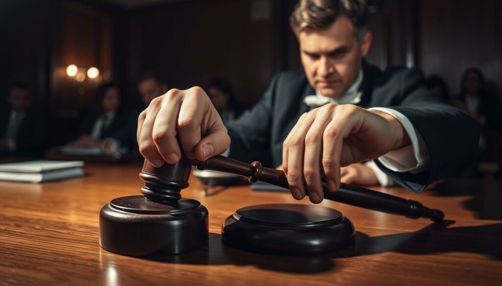 A close-up shot of a judge's hand slamming a gavel on a wooden desk, casting a dramatic shadow. The courtroom environment is dimly lit, with a sense of somber authority. The judge's expression is stern, conveying the gravity of the legal consequences being pronounced. In the background, blurred silhouettes of lawyers and spectators create a sense of legal proceedings unfolding. The overall mood is one of solemn judgment, emphasizing the weight and significance of the legal consequences being imposed.