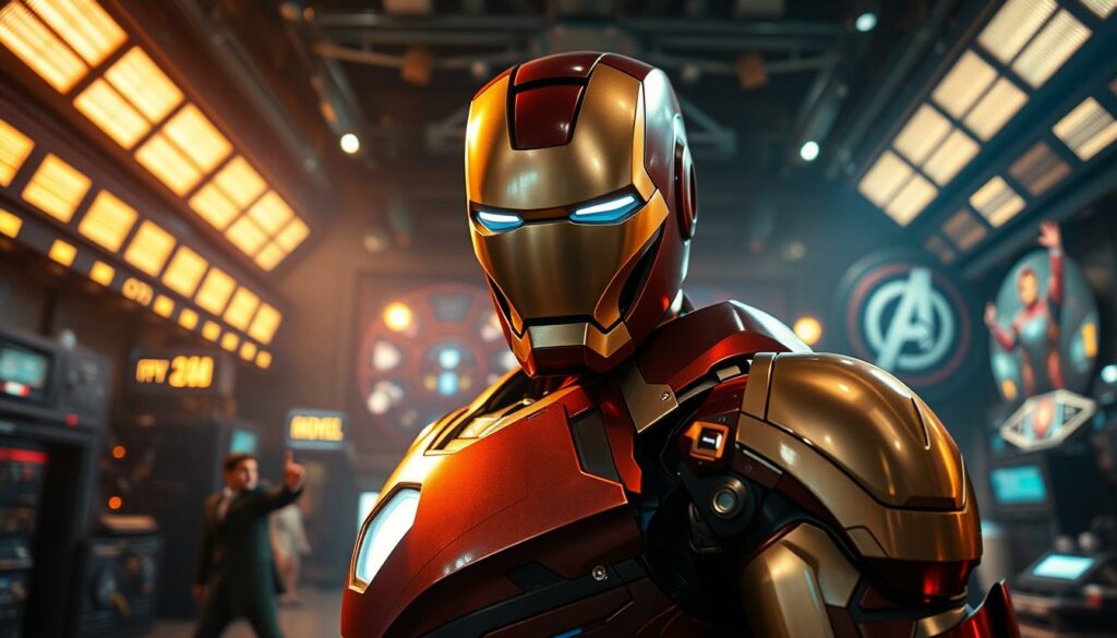 A close-up view of Iron Man, Tony Stark, standing in a state-of-the-art Marvel movie production studio. The hero's metallic armor gleams under warm, cinematic lighting, casting dramatic shadows. In the background, a sprawling set with futuristic technology and Marvel superhero iconography. The atmosphere is one of high-tech sophistication, hinting at the immense scale and attention to detail behind the making of a Marvel blockbuster. The composition emphasizes the iconic Iron Man suit, capturing the character's power and the cinematic grandeur of the Marvel Cinematic Universe.