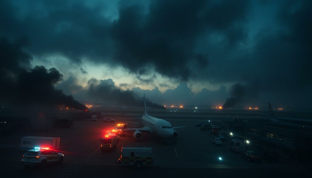 A close-up view of Southend Airport, its terminals and runways shrouded in thick, billowing smoke and flames. In the foreground, emergency vehicles and personnel frantically respond to the scene, their lights casting an eerie glow. The sky above is ominously dark, with plumes of black smoke obscuring the horizon. The mood is one of chaos and tragedy, the once bustling airport now a site of disaster. The camera angle is low, capturing the magnitude of the devastation and the overwhelming sense of urgency. Realistic lighting and textures, with a cinematic, documentary-style aesthetic.