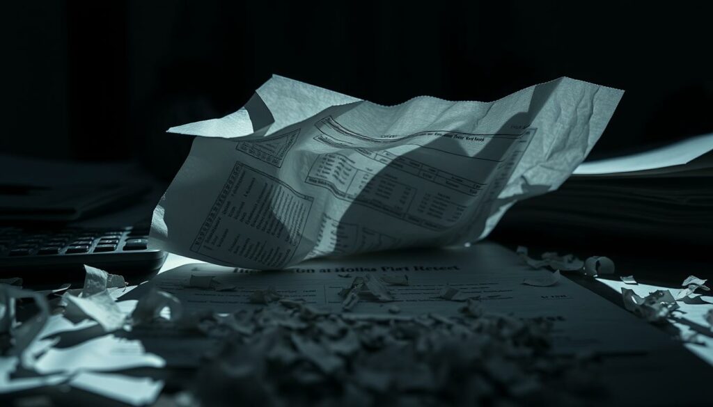 A close-up view of a crumpled financial document, casting long shadows across a dimly lit desk. Shredded papers and a calculator litter the surface, conveying a sense of chaos and financial turmoil. The lighting is harsh, creating stark contrasts and emphasizing the gravity of the situation. In the background, a shadowy figure looms, symbolizing the invisible forces at play in the scandal. The overall mood is one of unease and disarray, reflecting the substantial financial fallout from the corruption revealed.
