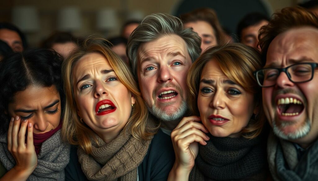 A close-up view of a diverse group of devoted fans passionately reacting to the news of a beloved character's departure from the long-running German soap opera "Rote Rosen". Expressions of sorrow, disbelief, and a profound sense of connection are etched on their faces, reflecting the depth of the parasocial relationship they have cultivated with the show and its characters. The lighting is soft and natural, accentuating the emotional intensity and sense of community. The background is slightly blurred, allowing the viewer to focus on the raw, unguarded emotions of the fans.