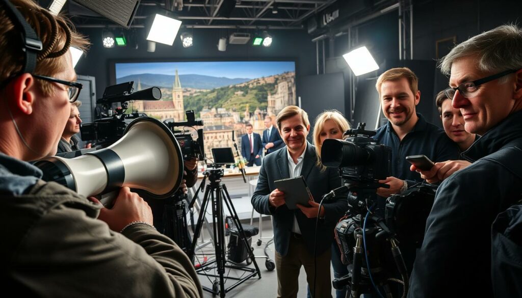 A close-up view of a film crew on a busy set, capturing the chaotic behind-the-scenes of a "Goodbye Deutschland" production. In the foreground, a director barks orders through a megaphone, surrounded by anxious crew members holding cameras, boom mics, and other equipment. The middle ground reveals a cluttered scene with cables, lighting rigs, and a backdrop depicting a picturesque European location. In the background, a harried looking presenter stands ready for their next take, a forced smile on their face. The lighting is harsh, creating deep shadows and highlights that accentuate the tension and stress of the moment. The overall atmosphere conveys a sense of disorganization and a lack of the glamour one might expect from a popular TV production.