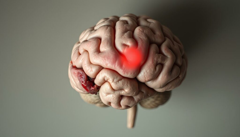 A close-up view of a human brain, rendered in realistic detail, with a section highlighted to show the effects of a stroke. The brain appears swollen and discolored, with a hazy, blurred effect to convey the state of coma. The background is a muted, neutral tone, creating a somber and contemplative atmosphere. Soft, diffused lighting casts subtle shadows, emphasizing the intricate structures of the brain. The composition draws the viewer's attention to the damaged area, evoking a sense of the gravity and consequences of this medical condition.