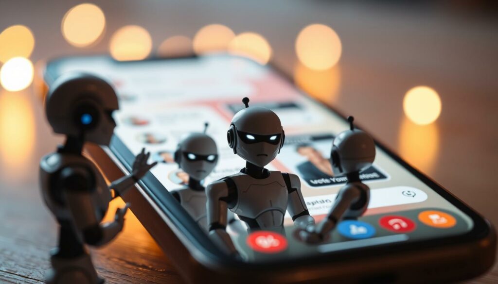 A close-up view of a smartphone screen showcasing a dating app interface, with stylized chatbot avatars engaging in conversation. The scene is bathed in a soft, warm glow, creating an intimate and inviting atmosphere. The foreground features sleek, AI-generated chatbot characters, their expressions and poses suggesting a sense of deception and manipulation. The middle ground depicts the dating app's user interface, with profile images, messaging windows, and subtle cues hinting at the potential for fraud. The background is blurred, drawing the viewer's focus to the central narrative of the chatbots' role in modern digital dating.