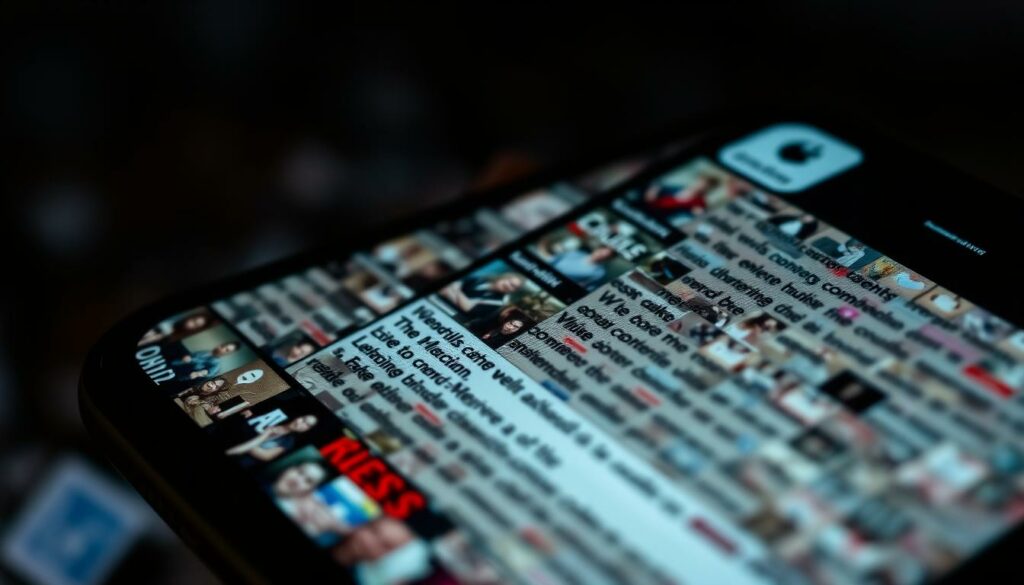 A close-up view of a social media feed, displaying a chaotic, tumultuous stream of angry comments, insults, and heated discussions. The foreground shows a smartphone screen, the screen filled with a barrage of aggressive, reactive messages, conveying the intensity and volatility of online discourse. The middle ground features a blurred, out-of-focus backdrop, suggesting the wider online landscape where these digital storms unfold. The lighting is harsh, casting dramatic shadows and highlights, adding to the sense of tension and confrontation. The overall mood is one of turbulence, with a palpable undercurrent of negativity and discord, reflecting the challenges faced by public figures, particularly influential mothers, in navigating the treacherous terrain of social media.