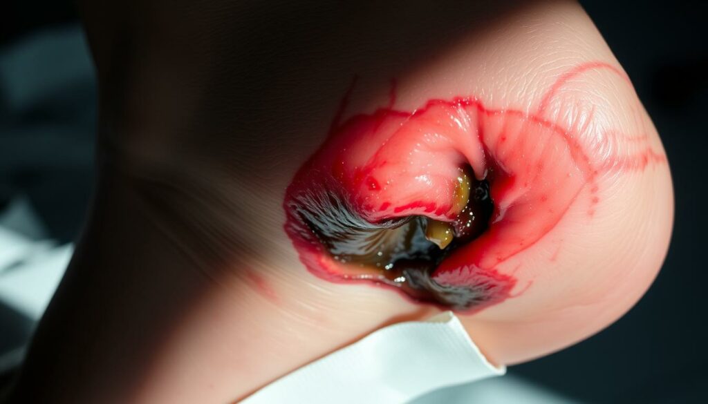 A close-up view of a swollen, red, and inflamed ankle joint after a recent surgical procedure. The skin is angry and sensitive, with visible signs of infection - pus, oozing, and discoloration. The area is partially bandaged, suggesting a recent medical intervention. The lighting is harsh and clinical, casting stark shadows that accentuate the damaged tissue. The angle is slightly elevated, allowing the viewer to fully observe the severity of the condition. The overall mood is one of concern and urgency, conveying the need for immediate medical attention to address this potentially serious post-operative complication.