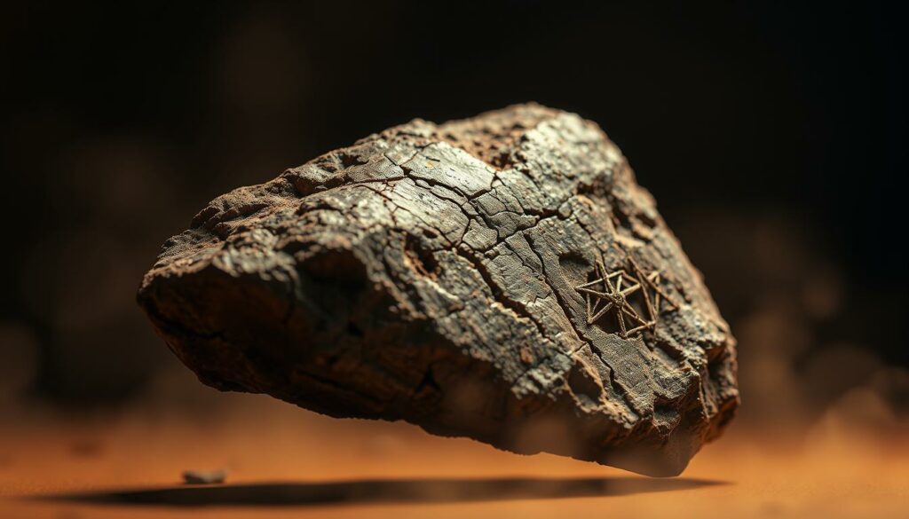 A close-up view of a unique Martian meteorite, showcasing its intricate textures and distinct coloration. The extraterrestrial rock's surface is adorned with intricate patterns, a testament to its extraordinary journey from the red planet. Bathed in warm, directional lighting, the meteorite appears to float against a muted, atmospheric backdrop, emphasizing its exceptional nature and allure for both collectors and scientists. The composition highlights the meteorite's captivating details, inviting the viewer to appreciate its otherworldly beauty and the mysteries it holds.