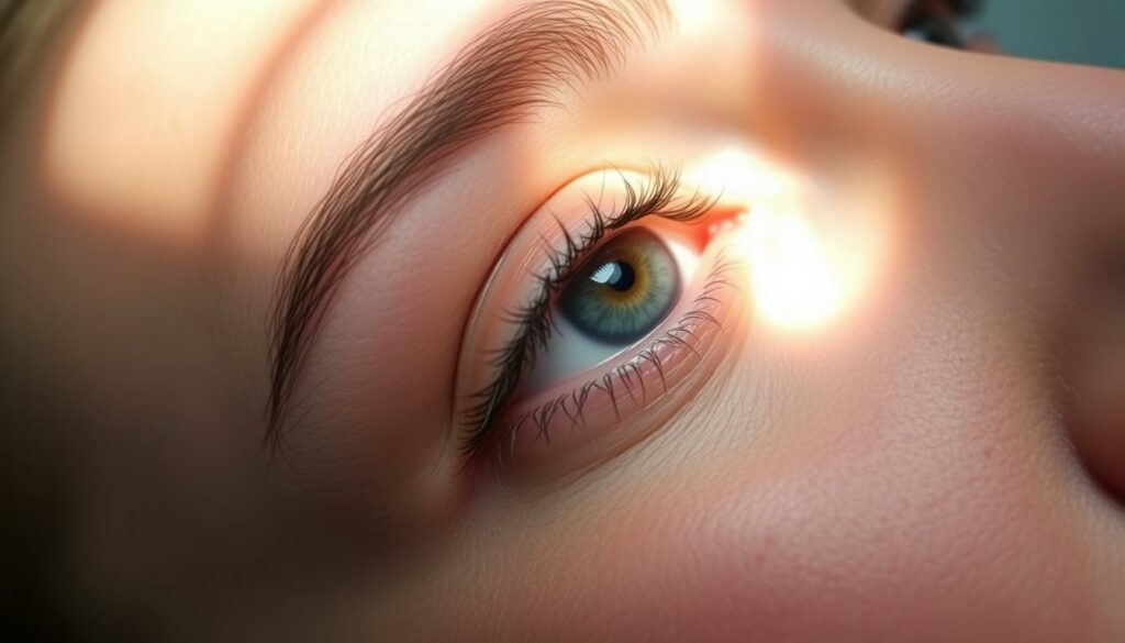 A close-up view of the eyelid area, showcasing the intricate surgical techniques of blepharoplasty. The skin is smooth and taut, with a natural, rejuvenated appearance. Soft, directional lighting illuminates the delicate contours, emphasizing the precision of the procedure. The image is captured from a slightly elevated angle, providing a detailed perspective on the surgical process. The overall mood is one of clinical expertise and aesthetic refinement, reflecting the high-quality medical care required for this specialized cosmetic treatment.