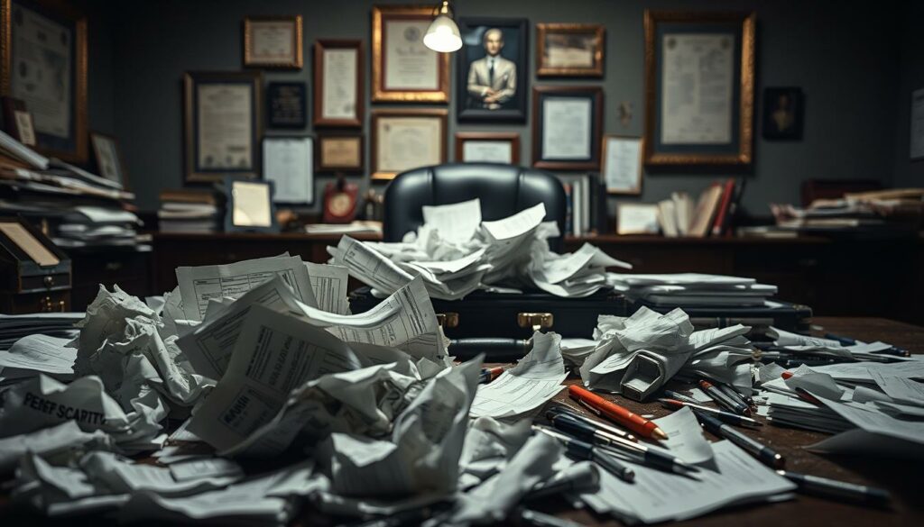 A cluttered desk strewn with crumpled financial documents, bankruptcy notices, and discarded pens. The foreground depicts a sense of despair and ruin, with shredded papers and overturned ledgers. The middle ground showcases a legal briefcase, its contents spilling forth like the remnants of a once-thriving financial empire. In the background, a dimly lit office setting, the walls adorned with framed accolades and achievements, now serving as a haunting reminder of a life in turmoil. The lighting is harsh, casting dramatic shadows that convey the gravity of the situation. The overall atmosphere is one of collapse, a visual representation of Loni Willison's financial downfall.