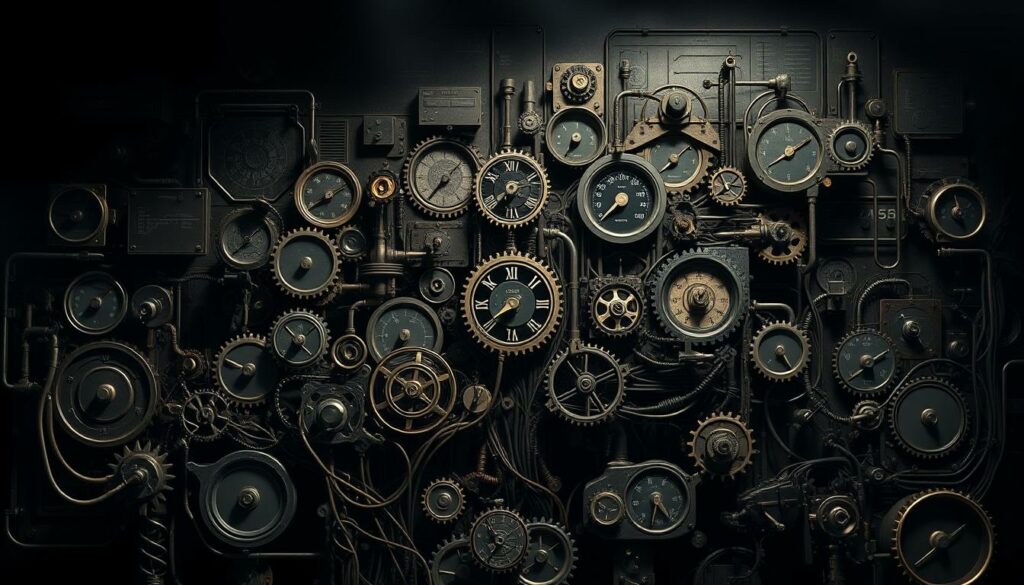 A complex mechanical schematic diagram depicting the inner workings of a financial fund. The foreground shows a tangle of gears, cogs, and wires interconnected in a intricate, almost chaotic manner. The middle ground features various gauges, dials, and readouts displaying cryptic numerical data. The background is shrouded in an ominous, shadowy atmosphere, hinting at the underlying complexity and potential issues within the fund's operations. Dramatic lighting casts dramatic shadows, adding to the sense of mystery and unease. The overall image conveys the idea of "mechanische probleme Van Fund" - the hidden, technical problems and challenges within the financial system.