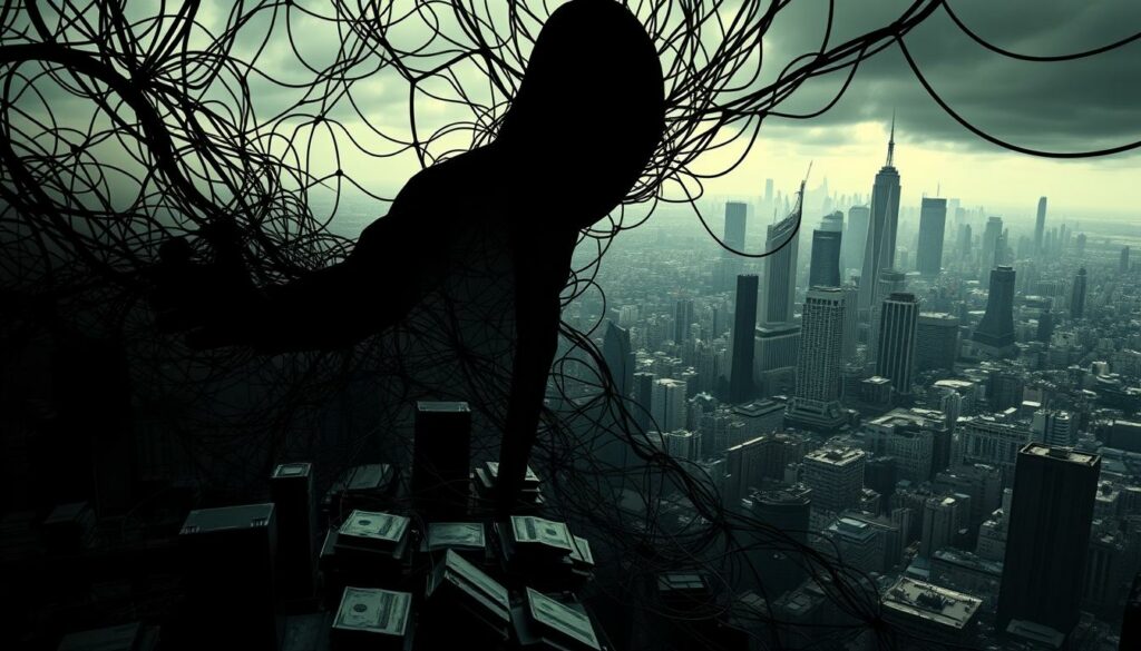 A complex web of interconnected corporate entities, a labyrinth of shell companies and offshore accounts, casting a shadowy veil over a sinister crypto-scam scheme. In the foreground, a tangled mesh of financial ledgers, virtual currency wallets, and opaque financial transactions. The middle ground reveals a sophisticated network of shell corporations, their logos and branding obscured, hinting at the web of deception. In the distant background, a dystopian cityscape, its skyscrapers and infrastructure symbolizing the facade of legitimacy that the scammers have constructed. Dramatic, high-contrast lighting casts dramatic shadows, evoking a sense of unease and the illicit nature of the operation. The overall composition conveys the intricate, multilayered nature of the crypto-scam, where layers of obfuscation conceal the true intentions of the perpetrators.
