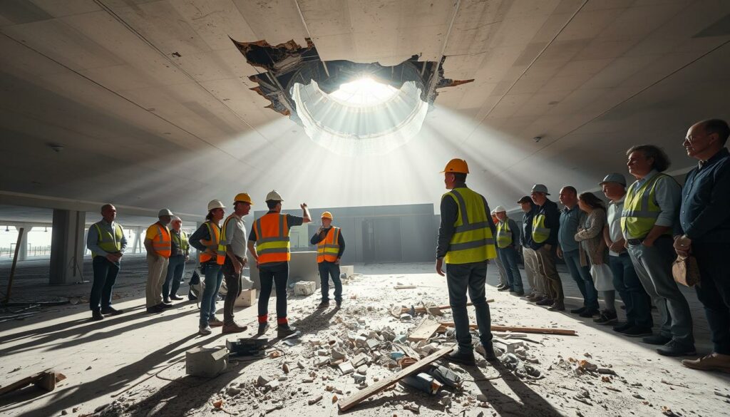 A construction site at Palma de Mallorca airport, with workers in reflective vests and hard hats inspecting the damaged ceiling. Sunlight streams through the gaping hole, casting long shadows across the debris-strewn floor. Concerned onlookers observe the scene, their expressions conveying a mix of confusion and dismay. The atmosphere is tense, hinting at the underlying issues and criticisms surrounding the construction project. Captured with a wide-angle lens to emphasize the scale of the incident, the image evokes a sense of unease and the need for accountability.