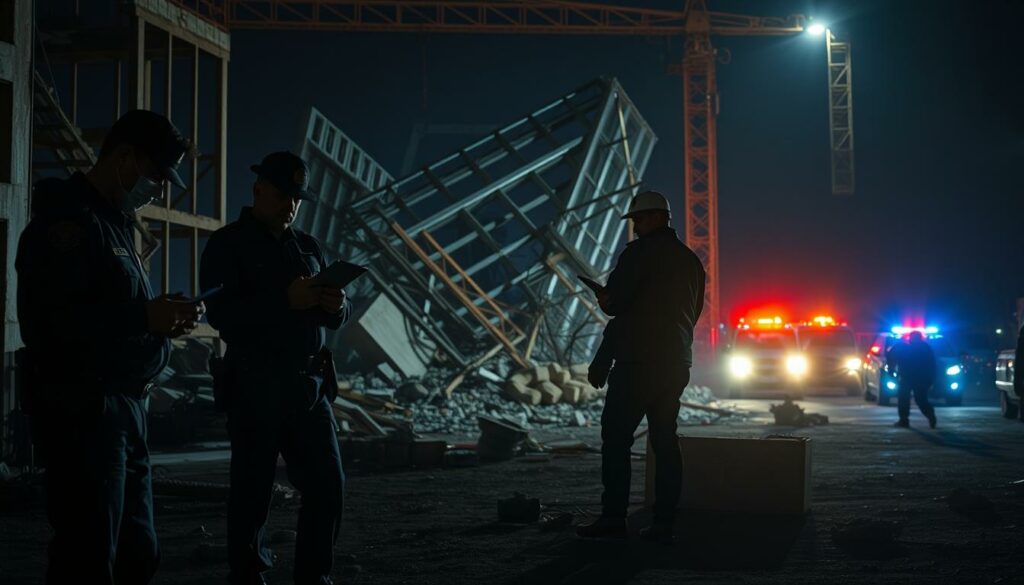 A construction site at night, with police investigators examining the scene. The site is dimly lit, casting long shadows across the rubble and equipment. In the foreground, detectives in uniform and forensic suits carefully document evidence, their faces intense with concentration. The middle ground shows the partially collapsed structure, its twisted metal and concrete evoking a sense of mystery and tension. In the background, emergency vehicles with flashing lights create an eerie, cinematic atmosphere. The overall mood is one of suspense and investigation, hinting at the unfolding story of a possible tragic incident.