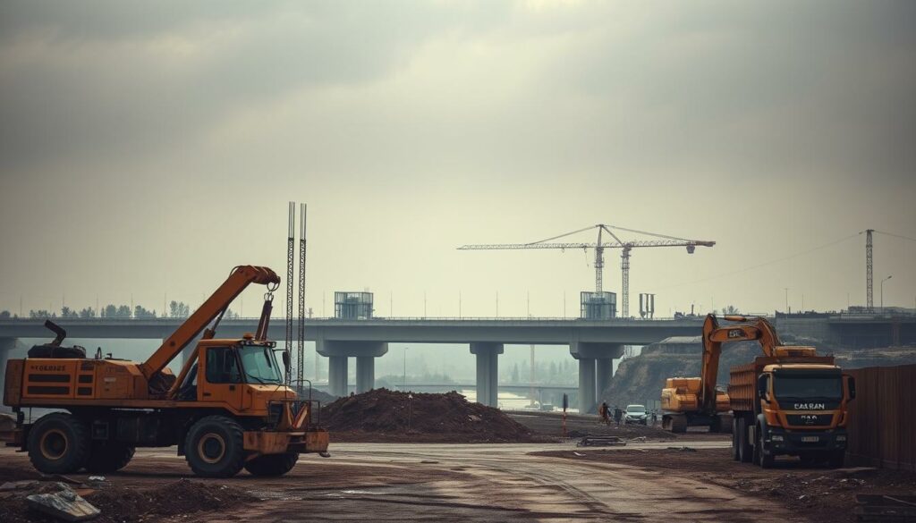 A construction site in the midst of a bridge-building crisis. In the foreground, heavy machinery stands idle, conveying a sense of stagnation. In the middle ground, a partially constructed concrete bridge spans the divide, its unfinished state a symbol of the challenges faced. The background is hazy, with a dreary, overcast sky reflecting the somber mood. The scene is illuminated by a diffused, muted light, casting long shadows and emphasizing the scale and complexity of the project. The overall atmosphere is one of uncertainty and unease, capturing the essence of the "Brückenbau Krise" and its impact on the construction industry.