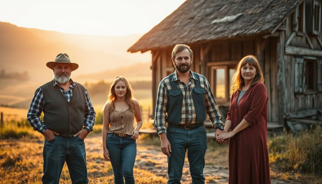 A couples' retreat amidst a serene countryside. In the foreground, two pairs of farmers stand together, their weathered hands intertwined, faces filled with a mix of uncertainty and newfound connection. The middle ground showcases a rustic farmhouse, its weathered wood and thatched roof evoking a timeless pastoral scene. Soft, golden light filters through the windows, casting a warm glow over the intimate gathering. In the background, rolling hills and lush greenery create a picturesque backdrop, hinting at the tranquility and solitude of this remote location. The overall atmosphere conveys a sense of quiet contemplation and the potential for new beginnings, mirroring the emotional journey of the participants.