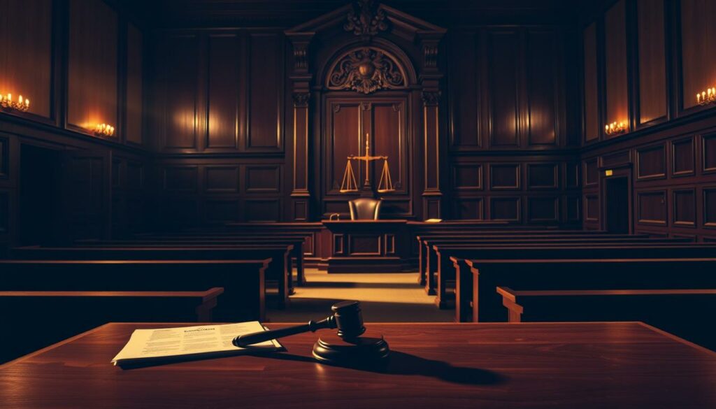 A courtroom interior, dimly lit with warm hues. In the foreground, a wooden desk with legal documents and a gavel, casting long shadows. Behind it, a judge's chair and a witness stand, their outlines shrouded in a soft, hazy light. In the middle ground, rows of wooden benches face a grand, ornate backdrop - a towering, carved oak panel with the scales of justice prominently displayed. The atmosphere is solemn and contemplative, evoking a sense of gravity and the weight of legal proceedings. Subtle textures and details lend an air of authenticity, while the overall composition conveys the seriousness and significance of "rechtliche Schritte".