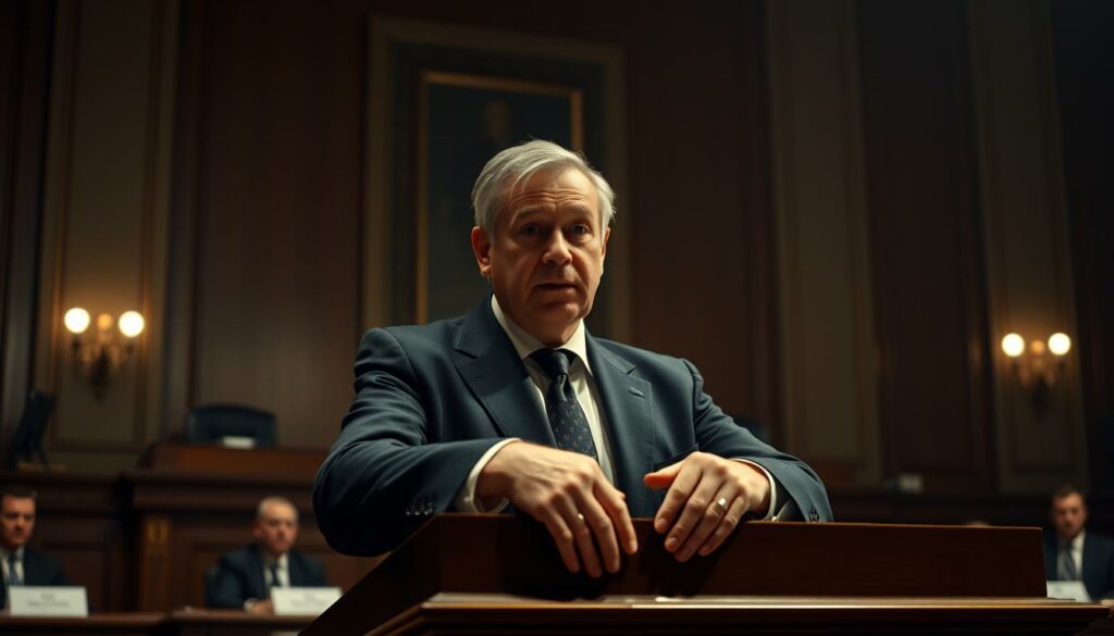 A courtroom scene with Gerhard Delling, the defense attorney, standing at a podium, his hands resting on the lectern, conveying a sense of determination and confidence. The lighting is dramatic, casting shadows that accentuate the features of his face, creating an air of gravitas. In the background, the judge's bench and jury are visible, but out of focus, emphasizing the focus on the defense's perspective. The overall mood is one of high-stakes drama, reflecting the gravity of the case being argued. The scene is rendered in a realistic, cinematic style, capturing the tension and importance of the moment.