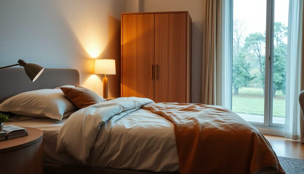 A cozy bedroom scene with soft lighting and a serene atmosphere. In the foreground, a neatly made bed with plush bedding and inviting pillows. Beside the bed, a nightstand with a reading lamp and a few books. In the middle ground, a tall wardrobe with minimal, elegant design. The background features a large window overlooking a peaceful, tree-lined landscape. The overall mood is calming and conducive to a restful, rejuvenating sleep. The scene radiates the expertise and wisdom of sleep specialists, offering practical tips for better sleep.