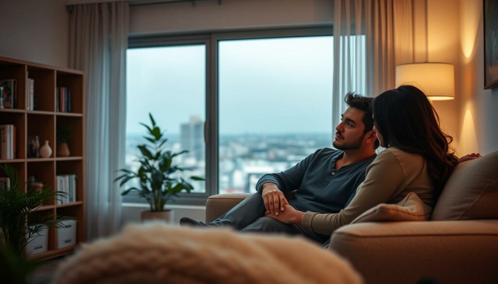 A cozy domestic scene depicting a couple navigating the day-to-day challenges of their relationship. In the foreground, the partners sit together on a plush sofa, engaged in a thoughtful discussion, their expressions reflecting the ups and downs of shared living. The middle ground is filled with the comforts of home - a bookshelf, a potted plant, and warm, soft lighting filtering through sheer curtains. In the background, a view through a window reveals a tranquil urban landscape, symbolizing the broader context in which their intimate bond exists. The overall mood is one of introspection and intimacy, capturing the nuances of maintaining a healthy relationship amidst the routine of everyday life.